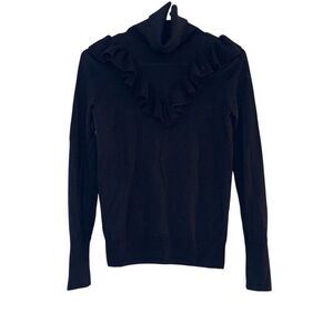 J. Crew Women's Black Ruffle Turtleneck Merino Wool Sweater‎ Long Sleeve